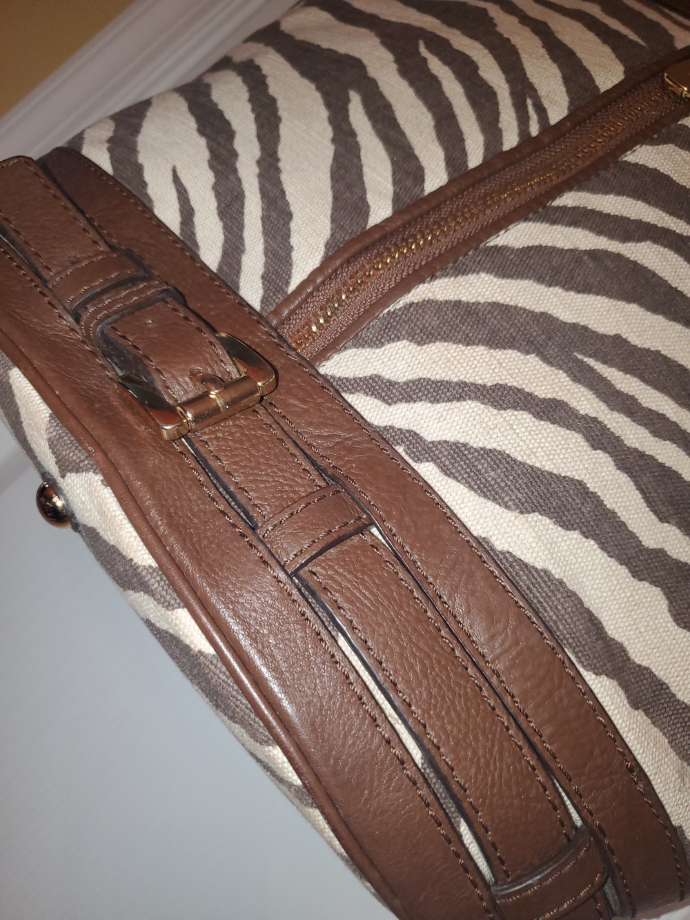 Michael Kors Brown and Cream Zebra-Print Canvas Tote with Leather Trim - Picture 2 of 16